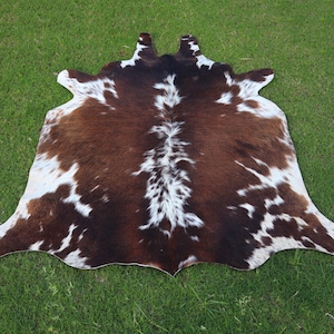 Cowhide Rugs-Genuine Cowhide Rug Brown and White-Tricolor Cow Skin Rug-Large Cowhide Rug-Brazilian Cowhide Area Rug- Western Cowhide Decor