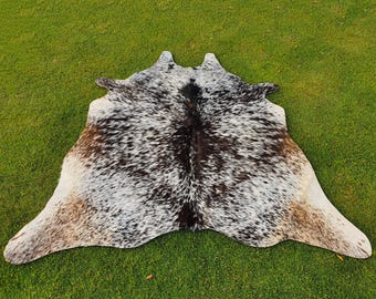 Genuine Tricolor Speckled Cow Hide - Authentic Brazilian Salt & Pepper Animal Skin - Hair On Large Cowhide Area Rug - Handmade Cow Skin Rug