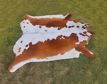 Genuine Brown and White Cowhide-Brazillian Cowhide-Hair on Hide for Living Room-Western Cowhide Decor-Handmade Floor Area Rug-Home Decor Rug
