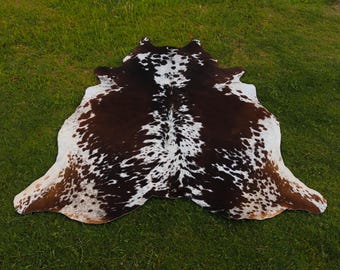 Genuine Tricolor Large Cow Hide Rug- Authentic Brazilian Cow Skin For Western Home Decor- Hair On Cowhide Area Rug- Ideal Gift For Christmas