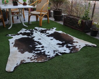 Cowhide Rug Dark Brown and White, Tricolor Hair On Cow Skin Rug, Exotic Cow Hide Rug for Home Decor, Luxury Cowhide Area Rug for Living Room