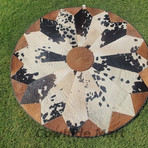 Patchwork circle Rug -Rug living room - Rug for Bedroom - Cowhide area rug-  leather rug - Black and white cowhide - Brown and white cowhide