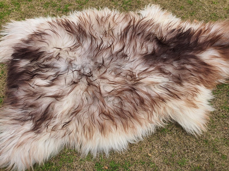 May include: A white sheepskin rug with brown and gray markings. The rug is soft and fluffy, and it would be perfect for adding a touch of warmth and comfort to any room.