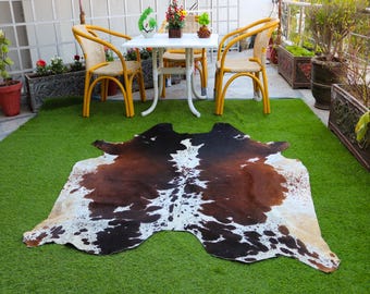 Tricolor Brown and White Cow Hide - Genuine Cow Skin Rug - Handmade Large Floor Area Rug - Real Cow Rug for Living Room Decor - Ideal Gift