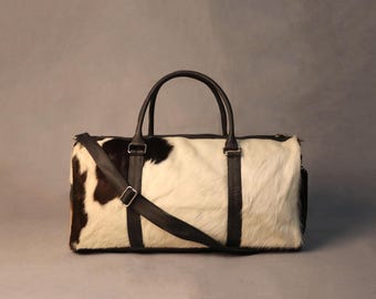Cowhide Hair On Duffel Bag - Cowhide Weekender Bag - Cowhide Shoulder Duffle Bag for Weekend Getaways - Real Cowhide Travel Bag - Ideal Gift