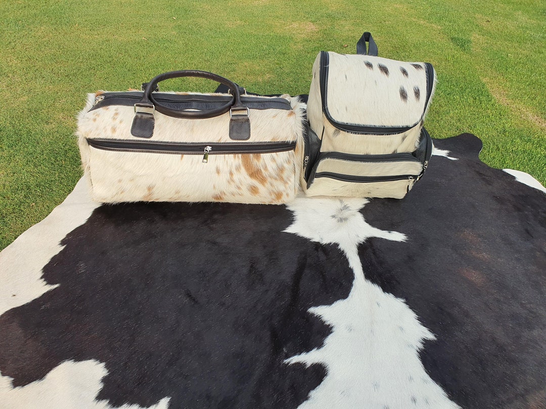 Cowhide Duffel Bag & Backpack in White, Gym Luggage Bag and Cowhide