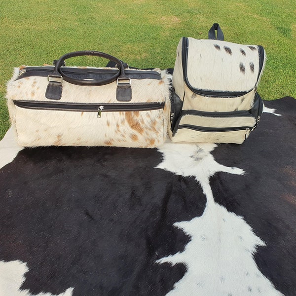 Cowhide Duffel Bag & Backpack in White, Gym Luggage Bag and Cowhide School/ Makeup Bag, Travel Shoulder Backpack and Duffel Bag Gift for her