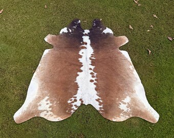 Genuine Cowhide Rug Brown and White - Tricolor Cow Skin Rug - Large Cowhide Rug - Brazilian Cowhide Area Rug - Western Cowhide Decor