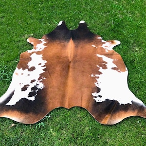 Brown and White Cowhide-Brown Black HIde-Living Room Cowhide-Ottoman Rug-Cowhide Leather-UK CowhideTri-colour Rugs-Large Cowhide-Dinning Rug
