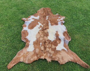 Genuine Brown Goatskin Hide, Brown & White Goat Skin Rug, Goatskin pelt, Home Decor Animal Skin Rug, Bedroom Aesthetic Area Rug, Leather Rug