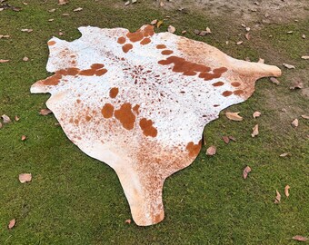 Genuine Brown And White Cow Skin Rug-Natural Hair On Brazilian Cow Hide-Large Speckled Cowhide Area Rug-Authentic Cow Rug-Gift For Christmas