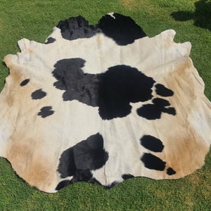 Large black and white cowhide rug - Natural cow skin unique leather rug - Animal skin area rug for bedroom