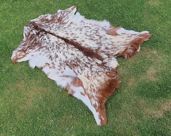 Goatskin Hide Spotted Brown, Brown and White Goatskin Pelt, Natural Goatskin Rug, Home Decor Animal Skin Rug, Bedroom Aesthetic Area Rug