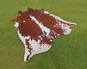 Pele de vaca marrom e branca genuína - Couro de vaca brasileiro - Pelo de vaca para sala de estar - Decoração de couro de vaca ocidental - Tapete de área feito à mão - Melhor tapete de pele de vaca