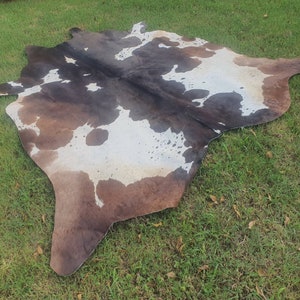 Tricolor Unique Cowhide rug - Large Black White and Brown Natural Cow skin Rug - Handmade Personalized Gift for Mom - Sister -Wife-Cowhide
