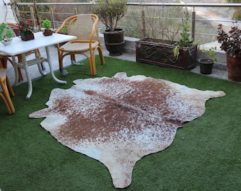 Cowhide Rug Brown and White, Speckled Cowskin Rug, Brindle Cow Hide Rug for Upholstery, Salt & Pepper Print Cowhide Area Rug for Living Room
