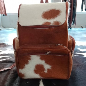 Cowhide Natural Hair Fur Leather Diaper Backpack Rucksack  Knapsack Travel Shoulder Bag Brown & White Backpack school bag - Makeup bag