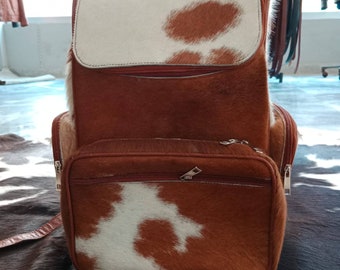 Cowhide Natural Hair Fur Leather Diaper Backpack Rucksack  Knapsack Travel Shoulder Bag Brown & White Backpack school bag - Makeup bag