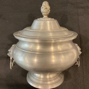Antique French Pewter Soup Tureen: Lion Head Handles, 1900s Primitive Decor