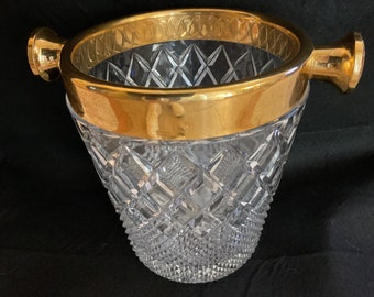 1950-60s VSL Art Deco Cut Crystal and Gold Champagne Bucket Belgium 9” Very Heavy 8+ lbs