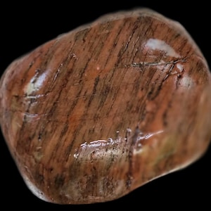 May include: A polished, rounded stone featuring a warm, earthy color palette of reddish-brown and tan hues. The surface displays distinct, dark brown linear striations and natural grain patterns that run diagonally across the smooth, glossy texture.
