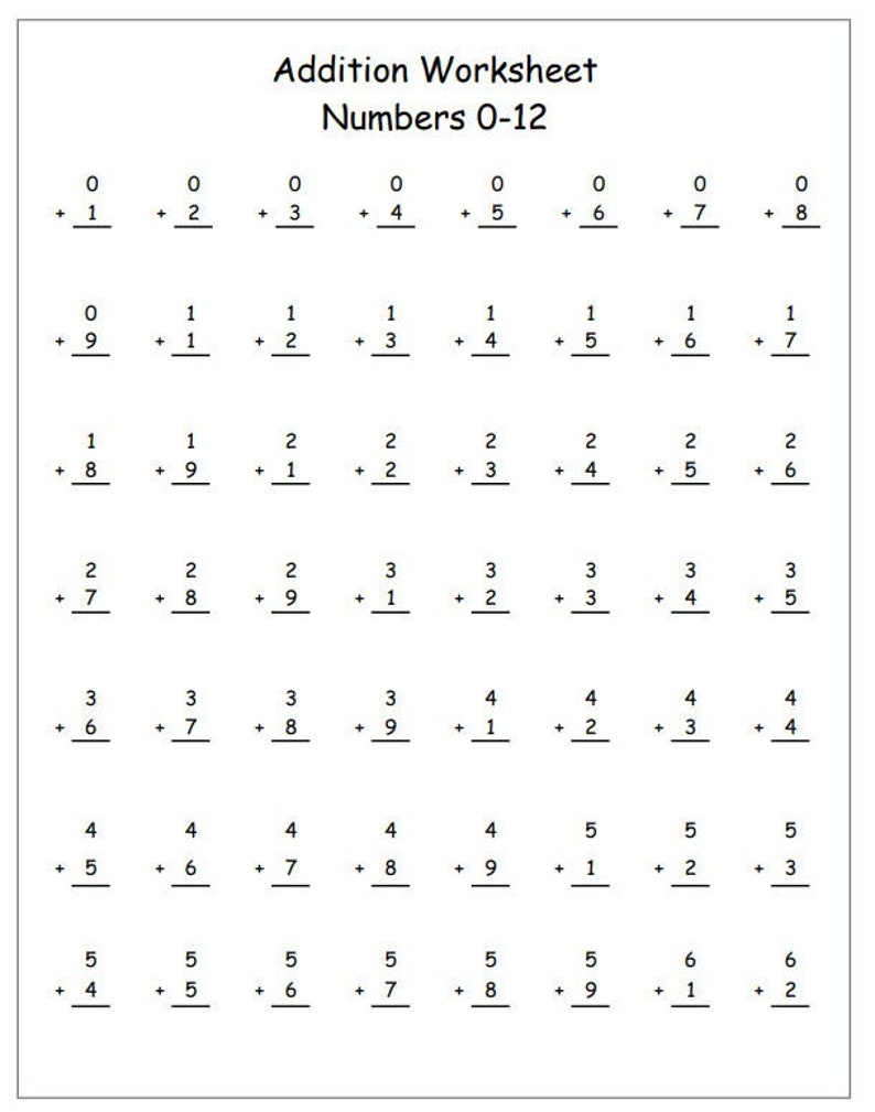 Math Worksheet 0-12 - Etsy