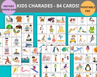 Op de afbeelding: Een set van 84 printbare kaarten voor een kinderspel charades. De kaarten bevatten kleurrijke illustraties van verschillende activiteiten, zoals piano spelen, rolschaatsen en een piraat zijn. De kaarten zijn ontworpen om te worden afgedrukt en uitgeknipt voor gebruik in een spelletje charades.