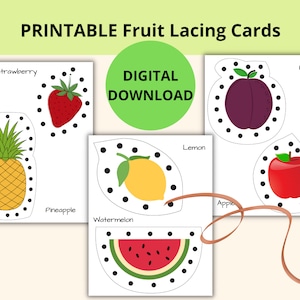 Pode incluir: Cartas de laçar frutas imprimíveis para crianças. Os cartões apresentam um abacaxi, um morango, uma melancia, um limão, uma maçã e uma ameixa. Cada fruta tem pontos pretos ao redor da borda para laçar.