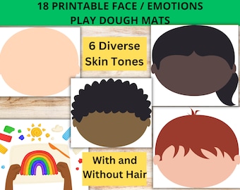 Könnte beinhalten: 18 druckbare Knetmatten mit Gesichtern in verschiedenen Hauttönen und Frisuren. Der Text auf den Matten lautet "6 Diverse Hauttöne" und "Mit und ohne Haare".