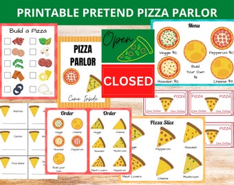 May include: Printable pretend pizza parlor play set with colorful images of pizzas, toppings, and a menu. The set includes signs for open and closed, a build your own pizza sheet, and pizza slice cards.