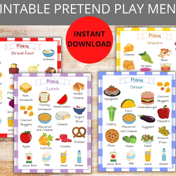 Pretend Play Menus Printable | Kids Breakfast, Lunch, Dinner, and Snacks Menus | Preschool Kids Activities | Pretend Play Menus