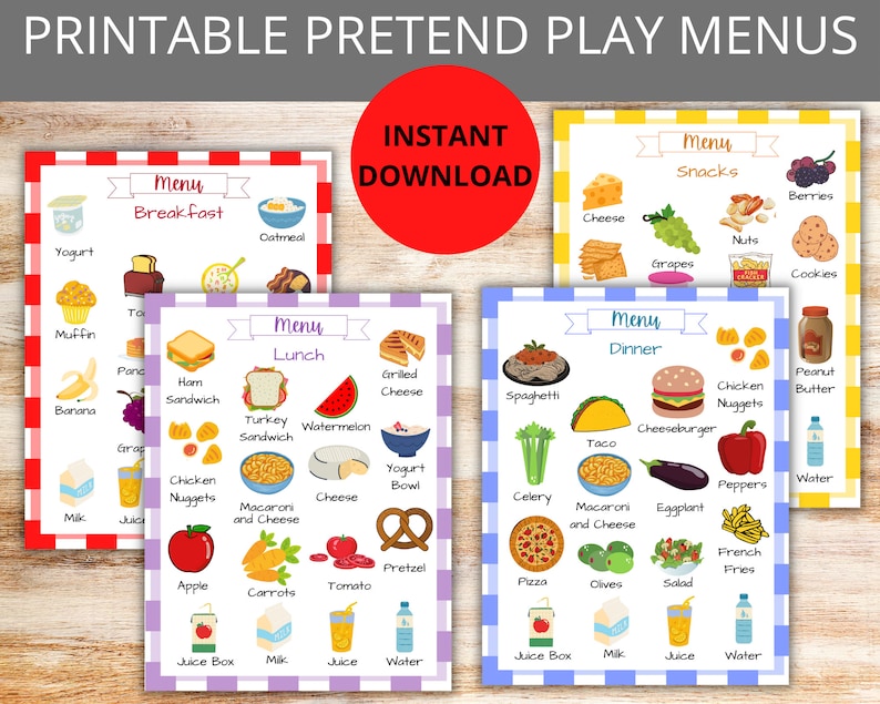 Pretend Play Menus Printable | Kids Breakfast, Lunch, Dinner, and ...