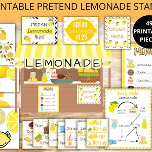 May include: Printable pretend lemonade stand playset with 49 pieces. The set includes a lemonade stand, menu, price signs, lemons, and other items for pretend play.