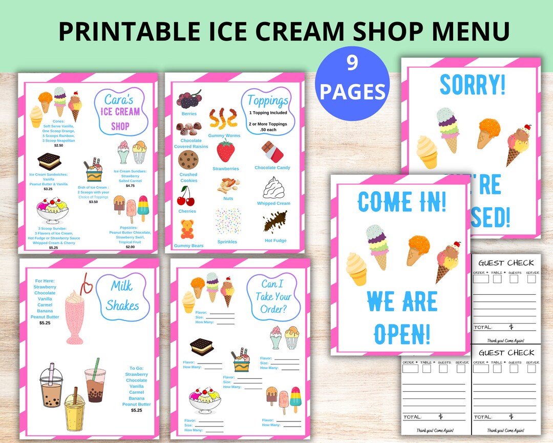 Printable Ice Cream Shop Menu BUNDLE pretend Play Ice Cream Download