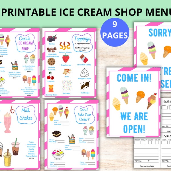 Menu stampabile della gelateria BUNDLE /Gioco di finzione Download del gelato / Attività scolastica in età prescolare / Gioco di ruolo drammatico