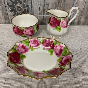 Vintage Royal Albert Old English Rose Creamer and Sugar with small plate