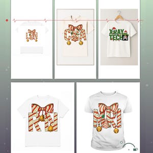 May include: White t-shirts with Christmas-themed designs. One shirt features "X-RAY TECH" in green text with a Santa hat. Other shirts display "RN" and "MRI" in candy cane letters with a bow and bells.