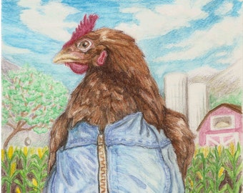 Print Denim Chicken Watercolor Pencil Painting