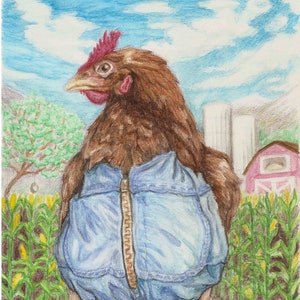 Print Denim Chicken Watercolor Pencil Painting