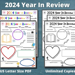 May include: A printable worksheet for kids to reflect on their year. The worksheet has sections for name, age, grade, favorite animal, book, song, subject, thing to do outside, thing to eat, sport, and goal for next year. The worksheet is decorated with fireworks and stars.