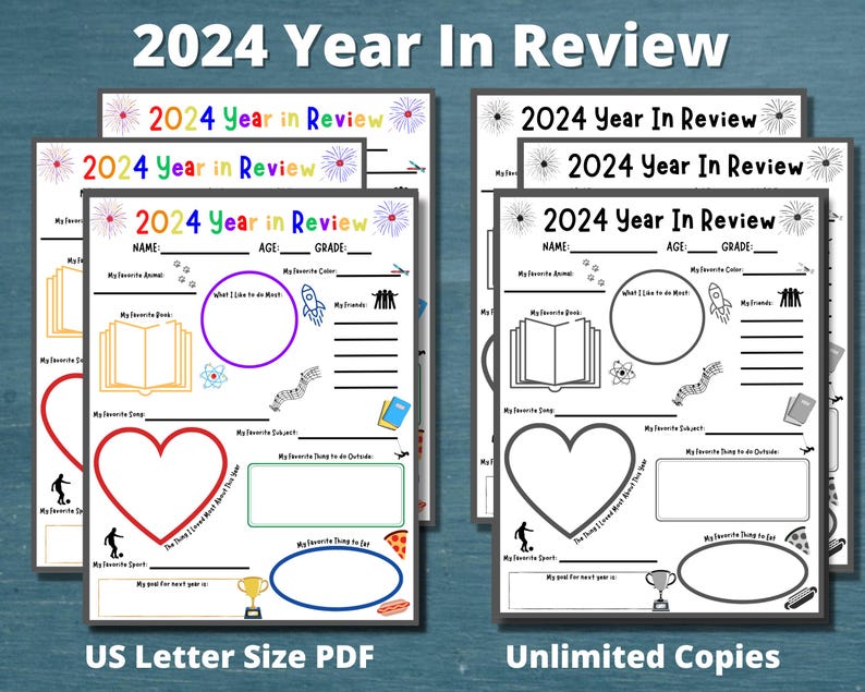 May include: A printable worksheet for kids to reflect on their year. The worksheet has sections for name, age, grade, favorite animal, book, song, subject, thing to do outside, thing to eat, sport, and goal for next year. The worksheet is decorated with fireworks and stars.