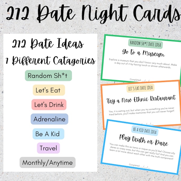 Date Night Cards, Date Idea Cards, Date Night Jar, Date Night Coupons, Date Night Box, Year of Dates, Couples Gifts, Printable Gifts for Him