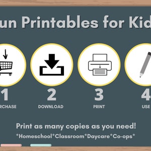 May include: A chalkboard with the text "Fun Printables for Kids" and four steps to download and print printables: 1. Purchase, 2. Download, 3. Print, 4. Use. The text "Print as many copies as you need!" is below the steps. The text "*Homeschool*Classroom*Daycare*Co-ops*" is below the previous text.