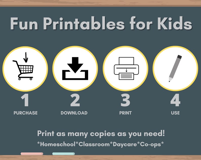 May include: A chalkboard with the text "Fun Printables for Kids" and four steps to download and print printables: 1. Purchase, 2. Download, 3. Print, 4. Use. The text "Print as many copies as you need!" is below the steps. The text "*Homeschool*Classroom*Daycare*Co-ops*" is below the previous text.