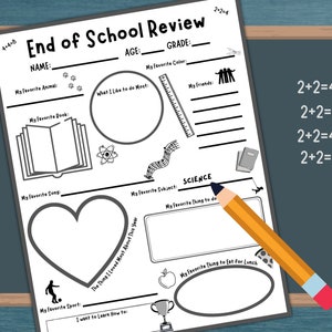 Revisión del año de los niños, Cuestionario de fin de escuela, Entrevista a los estudiantes, Imprimible de fin de año del maestro, Actividad del diario de los niños, Descarga digital