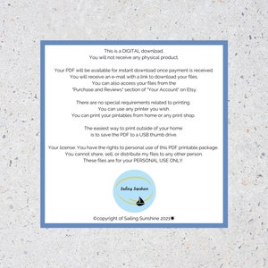 May include: A blue and white digital download notice with the text "This is a DIGITAL download. You will not receive any physical product." and "Sailing Sunshine" with a sailboat logo. The text also states that the PDF is for personal use only.