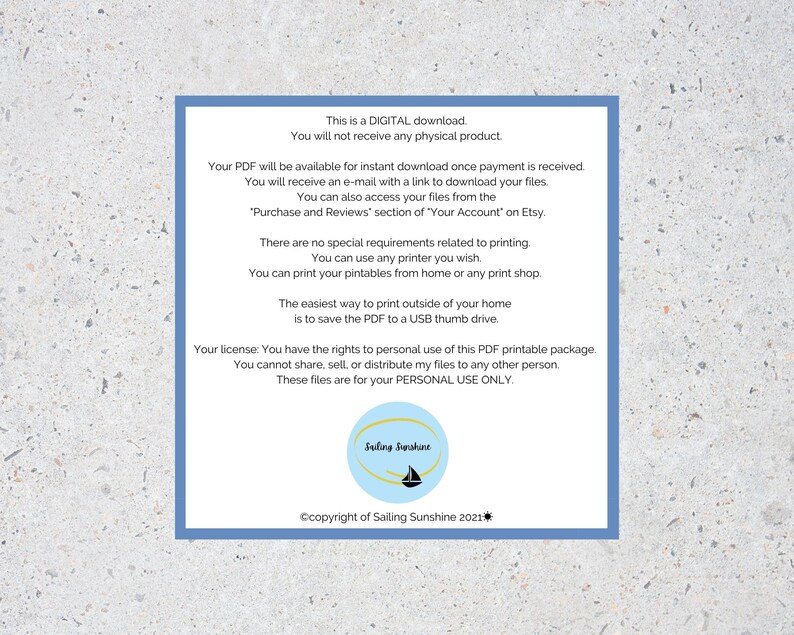May include: A blue and white digital download notice with the text "This is a DIGITAL download. You will not receive any physical product." and "Sailing Sunshine" with a sailboat logo. The text also states that the PDF is for personal use only.