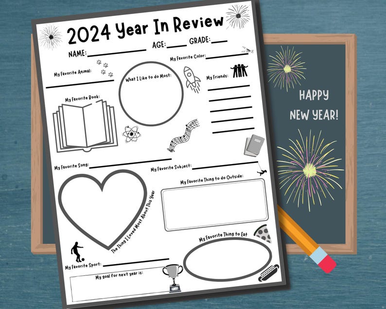 May include: Black and white printable worksheet for kids to reflect on their year. The worksheet has sections for name, age, grade, favorite animal, book, song, subject, sport, thing they loved most about the year, favorite thing to do outside, favorite thing to eat, and a goal for next year. The worksheet has a title "2024 Year In Review".