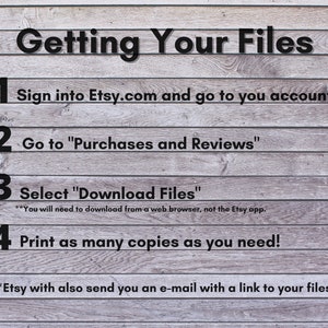 May include: A graphic with instructions on how to download digital files purchased on Etsy.com. The instructions are numbered 1 through 4 and include steps like signing into your Etsy account, going to Purchases and Reviews, selecting Download Files, and printing as many copies as you need.