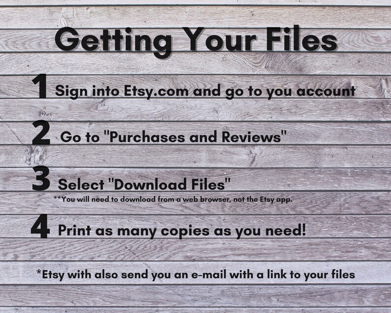 May include: A graphic with instructions on how to download digital files purchased on Etsy.com. The instructions are numbered 1 through 4 and include steps like signing into your Etsy account, going to Purchases and Reviews, selecting Download Files, and printing as many copies as you need.